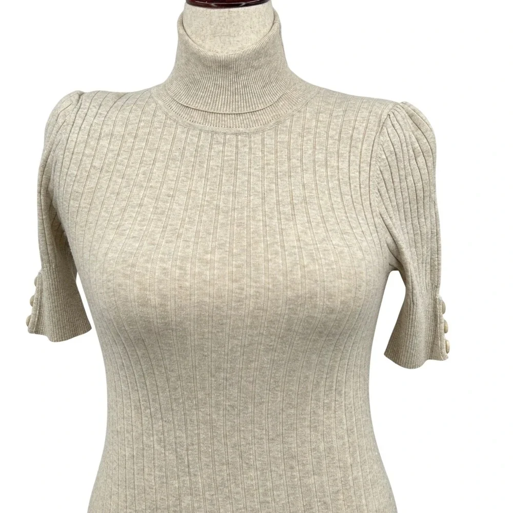 Moda International Sweater Dress Womens M Beige Ribbed Knit Turtleneck Midi Chic